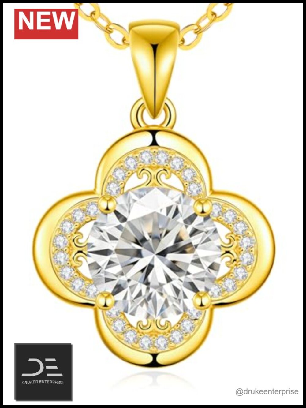 3 CT Moissanite 4 Leaf Clover Pendant Necklace 18K Gold Plated w/ I Love You